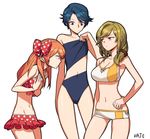  artist_name bangs bare_shoulders bikini bikini_shorts bikini_skirt blue_eyes blue_hair blue_swimsuit bow breast_conscious breast_envy breasts brown_hair cleavage contrapposto flat_chest gekkan_shoujo_nozaki-kun hair_bow hair_over_shoulder haje hand_on_hip hands_on_own_chest height_difference kashima_yuu large_breasts leaning_forward long_hair multiple_girls navel one-piece_swimsuit orange_hair polka_dot polka_dot_bikini polka_dot_bow polka_dot_swimsuit red_bikini red_eyes sakura_chiyo scrunchie seo_yuzuki short_hair short_shorts shorts simple_background small_breasts standing swept_bangs swimsuit swimsuit_tug tankini white_background 