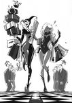  6+boys bag batman batman_(series) box dc_comics greyscale harley_quinn highres koyama_shigeto monochrome multiple_boys multiple_girls poison_ivy shopping shopping_bag 