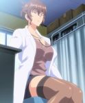  barefoot black_legwear breasts brown_eyes brown_hair female katsuragi_aiko labcoat large_breasts rinkan_club school screencap short_hair sitting stethoscope stitched thighhighs 