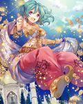  :d aqua_hair arabian_clothes armpits baggy_pants bandeau bangle bangs belly_chain blue_hair bracelet breasts cloud coin company_name earrings eikou_no_guardian_battle floating_hair harem_pants highres hoop_earrings jewelry jumping large_breasts looking_at_viewer madogawa midriff necklace official_art open_mouth pants pointy_shoes purple_eyes ring shawl shoes sky smile solo star taj_mahal watermark 