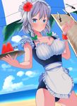  apron ass_visible_through_thighs beach blue_eyes blue_sky blush bow braid breasts cleavage cloud collarbone cowboy_shot day dutch_angle floating flower food fruit hair_bow hair_flower hair_ornament hand_up hibiscus highres horizon izayoi_sakuya kanibaru knife large_breasts levitation maid maid_apron maid_headdress maid_swimsuit nontraditional_school_swimsuit ocean one-piece_swimsuit open_hand outdoors palm_tree pocket salt salt_shaker school_swimsuit silver_hair sky solo swimsuit thighs touhou tray tree twin_braids umbrella watermelon wrist_cuffs 