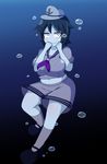  3: belly black_hair blush breasts bubble clenched_hands commentary_request covered_nipples hat large_breasts looking_at_viewer manorea mary_janes murasa_minamitsu navel plump puffy_nipples red_eyes sailor_hat school_uniform serafuku shoes short_hair shorts shy socks solo touhou underwater wavy_mouth 
