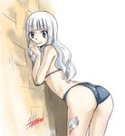  against_wall alternate_hairstyle ass bikini blue_eyes breast_press curly_hair fairy_tail hime_cut leaning_forward looking_at_viewer mashima_hiro mirajane_strauss official_art silver_hair simple_background smile solo swimsuit tattoo wall 