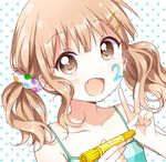  :d alternate_hairstyle blonde_hair brown_eyes casual collarbone countdown downscaled fang hair_ornament hairclip looking_at_viewer marker marking_on_cheek md5_mismatch namori oomuro_sakurako open_mouth polka_dot polka_dot_background resized scrunchie smile solo twintails yuru_yuri 