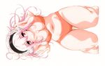  absurdres barefoot bikini breasts headphones highres large_breasts long_hair nitroplus pink_eyes pink_hair scan solo striped striped_background super_sonico swimsuit tamura_masafumi 