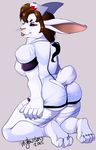  2015 alice_nonomura anthro big_breasts big_butt big_ears bloody_roar breasts brown_hair butt claws clothed clothing female fur hair hat lagomorph legwear long_ears looking_at_viewer looking_back mammal myloveless nurse pink_nose ponytail rabbit red_eyes short_tail skimpy solo stockings thick_thighs white_fur 