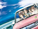  &gt;:) :o alternate_costume alternate_hairstyle ashigara_(kantai_collection) bare_shoulders blouse blue_sky book brown_eyes brown_hair car casual cloud cover day driving ground_vehicle haguro_(kantai_collection) hair_ornament hair_ribbon hairband hairclip kantai_collection long_hair magazine motor_vehicle multiple_girls myoukou_(kantai_collection) nachi_(kantai_collection) open_book ponytail ribbon seatbelt shinryou_rei short_hair shoshinsha_mark side_ponytail sky smile smirk suzuki_lapin v-shaped_eyebrows 