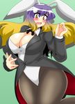  akasode_(tyaramu) animal_ears blonde_hair blush breasts bunny_ears bunny_girl bunnysuit cleavage commentary_request gradient_hair highres hijiri_byakuren huge_breasts long_hair multicolored_hair open_mouth pantyhose purple_hair solo touhou yellow_eyes 