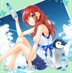  bangs bare_legs bare_shoulders barefoot bird blouse blue_sky bottle cloud day flower from_side green_eyes hair_flower hair_ornament holding holding_bottle knees_up legs long_hair looking_at_viewer looking_to_the_side maki_tabou original penguin ramune red_hair sash shorts sitting sky sleeveless smile solo white_blouse 