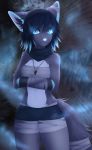  anthro blue_eyes blue_hair breasts canine clothed clothing female fur hair jewelry mammal midriff navel nayel-ie nayeliefox necklace smile solo standing 