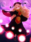  bad_id bad_pixiv_id black_dress blonde_hair chinese_clothes crescent danmaku dress glowing glowing_eyes hat junko_(touhou) long_hair long_sleeves multiple_tails red_eyes ribbon risaayu sash smile solo tabard tail touhou very_long_hair wide_sleeves 