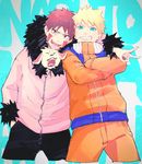  akamaru_(naruto) arm_around_shoulder blue_eyes gradient gradient_background inuzuka_kiba looking_at_viewer multiple_boys naruto shigegigi spiked_hair uzumaki_naruto whiskers 