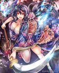  black_hair breasts budget_sarashi eikou_no_guardian_battle highres huge_breasts japanese_clothes long_hair looking_at_viewer madogawa official_art open_mouth polearm ponytail red_eyes sarashi solo spear thighhighs weapon 