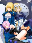  ahoge armor armored_dress artoria_pendragon_(all) bare_shoulders blonde_hair blue_background boots bow braid breasts capelet chain cleavage cleavage_cutout closed_eyes dress elbow_gloves fate/apocrypha fate/grand_order fate/stay_night fate_(series) gauntlets gloves gradient gradient_background greaves hair_bow hair_ribbon headpiece high_heels impossible_clothes jeanne_d'arc_(fate) jeanne_d'arc_(fate)_(all) juliet_sleeves lap_pillow large_breasts long_hair long_sleeves mash_kyrielight multiple_girls navel parted_lips pink_hair puffy_sleeves ribbon saber shield shirotsumekusa short_hair single_braid sleeping thighhighs underbust white_background 