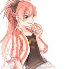  alternate_costume casual doughnut drawr eating food long_hair mahou_shoujo_madoka_magica orange_eyes ponytail red_hair sakura_kyouko solo tongue tongue_out yoplait 