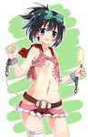  belt black_hair blue_eyes bow casual chain cuffs embarrassed flat_chest food hair_bow hip_vent holding hood hoodie kunihiro_hajime looking_at_viewer microskirt midriff navel no_bra no_panties numenume_(powa-ogutyogutyo) open_mouth ponytail popsicle pussy revealing_clothes saki see-through shackles short_hair single_thighhigh skindentation skirt sleeveless solo star thighhighs 