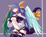  absurdres angel_wings asymmetrical_wings bad_id bad_pixiv_id bare_shoulders blue_hair breasts dizzy guilty_gear hair_ribbon highres large_breasts long_hair nekonekocha red_eyes ribbon smile solo tail tail_raised tail_ribbon thighhighs very_long_hair wings 