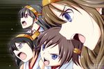  bare_shoulders black_hair blue_eyes brown_hair glasses hairband haruna_(kantai_collection) hiei_(kantai_collection) kantai_collection kirishima_(kantai_collection) kongou_(kantai_collection) long_hair multiple_girls nishi_koutarou nontraditional_miko open_mouth pink_eyes short_hair upper_body vector_trace 