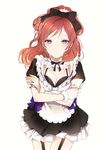  apron bad_id bad_twitter_id bra bracelet breasts cleavage crossed_arms garter_straps jewelry long_hair love_live! love_live!_school_idol_project lpip maid maid_apron mogyutto_&quot;love&quot;_de_sekkin_chuu! nishikino_maki purple_eyes red_hair small_breasts solo underwear 