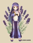  bad_id bad_pixiv_id bangs beige_background blunt_bangs book company_name detached_sleeves dress flower flower_knight_girl full_body green_eyes hair_ribbon highres holding holding_book lavender_(flower) lavender_(flower_knight_girl) long_hair long_sleeves looking_at_viewer nakaishow no_socks object_namesake official_art pants pelvic_curtain pink_ribbon plant purple_footwear purple_hair ribbon shoes single_detached_sleeve sleeveless sleeveless_dress smile solo standing thighhighs very_long_hair wristband 