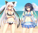  beach bikini black_bikini blue_bikini blue_eyes blue_hair blush breast_rest breasts bug butterfly butterfly_hair_ornament cloud day etna_(kuzuyu) hair_between_eyes hair_ornament hair_ribbon hairpin hand_on_own_chest highres insect komori_kuzuyu large_breasts long_hair looking_at_viewer multiple_girls navel ocean open_mouth original outdoors red_eyes ribbon rivier_(kuzuyu) short_hair silver_hair skirt sky small_breasts straight_hair swimsuit water 