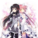  akemi_homura argyle argyle_legwear black_hair blush bow capelet dress feathers gloves hair_bow hair_ribbon hairband hand_on_own_chest holding_hands kaguyuzu kaname_madoka long_hair looking_at_viewer magical_girl mahou_shoujo_madoka_magica multiple_girls official_art pantyhose pink_hair pleated_skirt purple_eyes red_ribbon ribbon side-by-side skirt smile spoilers thighhighs transparent_background two_side_up ultimate_madoka white_dress yellow_eyes 