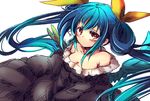  bad_id bad_pixiv_id blue_hair breasts cleavage dizzy dress guilty_gear hair_ribbon hair_rings kuro_yuzu medium_breasts red_eyes ribbon simple_background solo white_background 