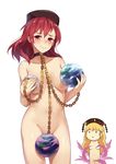  =_= blonde_hair blush bobomaster breasts chain chibi chibi_inset collar covering covering_breasts earth_(ornament) embarrassed groin hat hecatia_lapislazuli highres junko_(touhou) long_hair looking_at_viewer medium_breasts moon_(ornament) multiple_girls navel nude polos_crown red_eyes red_hair short_hair simple_background smile touhou wavy_mouth white_background 