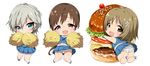  3girls :d anastasia_(idolmaster) aqua_eyes blush brown_eyes brown_hair cheerleader cheese chibi flower food from_behind hair_flower hair_ornament hamburger idolmaster idolmaster_cinderella_girls lettuce light_brown_hair looking_back low_ponytail midriff mimura_kanako multiple_girls navel nitta_minami open_mouth panties pantyshot pom_poms shoes short_hair simple_background smile sumeragi_kohaku sweat tomato underwear upskirt white_background 