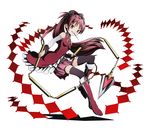  bare_shoulders black_legwear boots bow chain chain_whip detached_sleeves divine_gate food full_body hair_bow knee_boots long_hair magical_girl mahou_shoujo_madoka_magica mouth_hold official_art pocky polearm ponytail red_eyes red_footwear red_hair sakura_kyouko smile solo spear thighhighs transparent_background ucmm weapon 