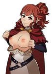  1girl anna_(fire_emblem) breasts breasts_outside cape fire_emblem fire_emblem_if flashing hood nipples red_hair simple_background smile solo splashbrush upper_body 