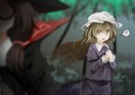  ? akaiha_(akaihasugk) blonde_hair blurry brown_hair cape clothes_writing depth_of_field dress glasses hat long_hair low_twintails maribel_hearn multiple_girls open_mouth red-framed_eyewear short_hair spoken_question_mark touhou twintails usami_sumireko yellow_eyes 