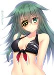  absurdres arms_behind_back bikini blush breasts collarbone eyepatch front-tie_bikini front-tie_top frown green_eyes green_hair highres kantai_collection kiso_(kantai_collection) long_hair looking_at_viewer medium_breasts murasame_shia navel solo swimsuit twitter_username upper_body 