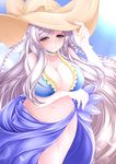  amane_(zmc) bad_id bad_pixiv_id bikini blue_eyes blush braid breast_hold breasts choker cleavage frilled_bikini frills gothic_wa_mahou_otome hat highres large_breasts lavender_hair long_hair plumeria_(gothic_wa_mahou_otome) plump sarong smile solo sun_hat swimsuit very_long_hair wet 