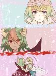  2girls 3koma blonde_hair blue_background blue_eyes blush comic commentary_request dark_skin earrings eyebrows_visible_through_hair face fire_emblem fire_emblem_heroes fjorm_(fire_emblem_heroes) green_eyes green_hair hair_between_eyes highres horns hug jewelry laegjarn_(fire_emblem_heroes) matsumari_(mesaia33) multicolored_hair multiple_girls nintendo open_mouth pink_background purple_background red_eyes short_hair silent_comic smile snow two-tone_hair 