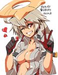  ;d ahoge bad_id bad_pixiv_id breasts candy cleavage food gloves grin guilty_gear guilty_gear_xrd jack-o'_valentine lollipop long_hair medium_breasts midriff navel one_eye_closed open_mouth red_eyes shirorenge_(huruhuru) silver_hair smile solo upper_body w 