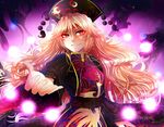  blonde_hair danmaku dress grin hat highres invidiata junko_(touhou) long_hair long_sleeves md5_mismatch outstretched_arm red_eyes sash smile solo tabard touhou wide_sleeves 