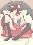  absurdres animal_ears bed black_legwear blush breasts brown_hair cube85 cum cum_on_body cum_on_clothes cum_on_lower_body dress highres imaizumi_kagerou kneehighs large_breasts long_hair looking_at_viewer nipples no_bra pillow pubic_hair solo spread_legs tail topless touhou very_long_hair wolf_ears wolf_tail 