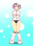 1girl blue_eyes bow breasts buruma commentary_request dominico hair_bow hibari_(senran_kagura) highres jacket large_breasts open_mouth pink_hair senran_kagura senran_kagura_shoujo-tachi_no_shin'ei short_hair short_twintails solo symbol-shaped_pupils track_jacket twintails 