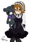  alternate_costume alternate_hairstyle bangs black_dress black_legwear blush brown_eyes brown_hair dated dress eyepatch frills gothic_lolita hair_between_eyes hair_down hairband happy_birthday k-on! lolita_fashion official_style pantyhose ragho_no_erika ribbon short_hair simple_background solo stuffed_animal stuffed_toy tainaka_ritsu teddy_bear thighhighs 