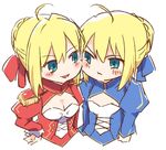  ahoge artoria_pendragon_(all) ayakashi_(monkeypanch) blonde_hair blue_eyes fate/extra fate/stay_night fate_(series) multiple_girls nero_claudius_(fate) nero_claudius_(fate)_(all) saber short_hair source_request underbust 