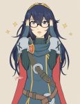  1girl adjusting_eyewear artist_name asymmetrical_eyes bespectacled blue_eyes blue_gloves blue_hair blush cape fingerless_gloves fire_emblem fire_emblem:_kakusei glasses gloves grey_background hair_between_eyes highres jivke long_hair looking_at_viewer lucina nintendo red_cape signature simple_background solo symbol_in_eye tiara 