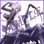  1girl ass border breasts butt_crack cleavage female large_breasts monster_girl monster_musume_no_iru_nichijou rachnera_arachnera red_eyes sample short_hair simple_background smile solo spider_girl 