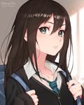  backpack bag blush brown_hair cardigan close-up commentary_request earrings face green_eyes idolmaster idolmaster_cinderella_girls jewelry long_hair looking_at_viewer mika_pikazo necktie school_uniform shibuya_rin solo sweat upper_body 