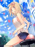  ahoge balloon blonde_hair blue_eyes blush breasts chibi cloud cloudy_sky confetti cosette_coalhearth day gym_uniform hairband kuwashima_rein looking_back medium_breasts open_mouth senjou_no_valkyria senjou_no_valkyria_2 shirt short_hair shorts sitting sky stool sweatdrop 