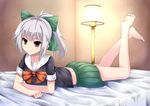  absurdres bangs bare_legs barefoot bed bed_sheet blunt_bangs bow bowtie brown_eyes crossed_arms feet full_body green_bow green_skirt hair_bow high_ponytail highres indoors iwashi_(nisankatanso) kantai_collection knees_apart_feet_together lamp lampshade large_bow legs_up light_smile looking_at_viewer lying midriff no_legwear on_stomach pleated_skirt ponytail school_uniform serafuku short_hair short_sleeves sidelocks silver_hair skirt solo the_pose tsurime yuubari_(kantai_collection) 