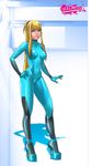  alternate_footwear bangs blonde_hair bodysuit breasts cameltoe contrapposto covered_navel full_body green_eyes hand_on_hip high_heels highres lips long_hair long_legs medium_breasts metroid platform_footwear platform_heels ponytail samus_aran sidelocks skin_tight smile solo standing swept_bangs tekuho_no_habo watermark web_address zero_suit 