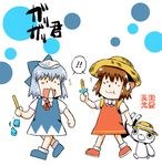  2girls animal_ears azuki_osamitsu blue_hair bow brown_hair cat_ears cat_tail character_request chen cirno constricted_pupils ear_tag food hair_bow hat multiple_girls multiple_tails nekomata nose_bubble popsicle popsicle_stick straw_hat tail touhou two_tails 