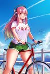  bicycle blue_sky breasts clothes_writing cloud commentary_request day denim denim_shorts dominico green_shorts ground_vehicle headphones highres large_breasts legs long_hair looking_at_viewer nitroplus ocean open_mouth pink_hair red_eyes shirt short_shorts short_sleeves shorts sky solo summer super_sonico sweatband taut_clothes taut_shirt thighs watch wristband 