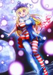  american_flag_dress american_flag_legwear blonde_hair blush caibao cameltoe clownpiece fairy_wings hat highres jester_cap long_hair looking_at_viewer open_mouth pantyhose red_eyes smile solo star striped striped_legwear torch touhou wings 